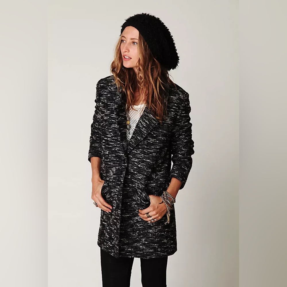 Free people size small boucle textured jacket coat tweed black collared